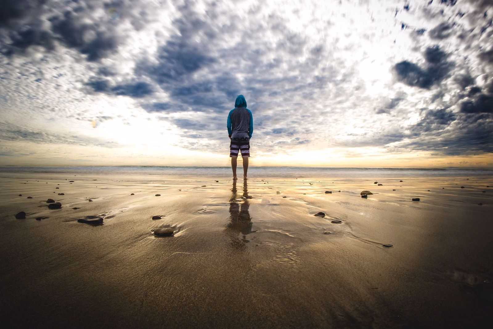A person standing on wet sand at the water's edge under a cloudy sky in Malibu